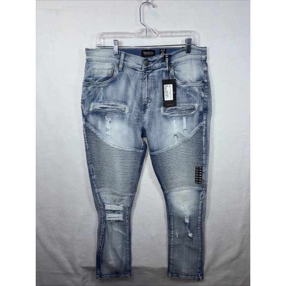 Street Jeans Mens Size 34X32 Distressed Skinny Fit Moto Stretch Blue Jeans New - Picture 1 of 13